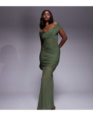 Kaiia Exclusive Double Layered Slinky Off Shoulder Sheer Mesh Hem Maxi Dress - Green