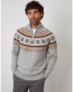 Threadbare Fairisle Cable Knit Quarter Zip Jumper - Grey