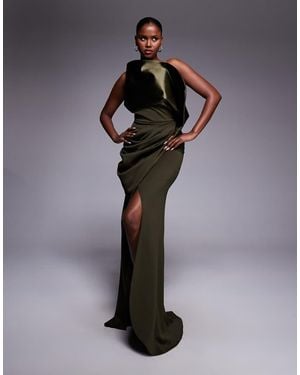 ASOS Premium Ruched Hip Maxi Dress With Structured Satin Drape Neck - Green
