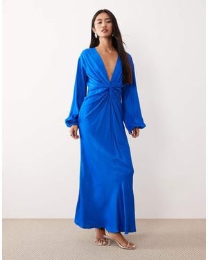 Nobody's Child Adina Satin Knot Front Midi Dress - Blue