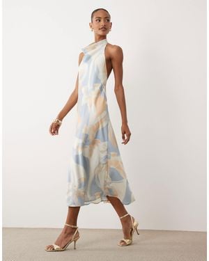 Y.A.S – ärmelloses satin-midikleid mit hohem wasserfallausschnitt und abstraktem aquarell-blumenmuster - Natur