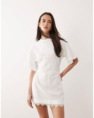 ASOS Cinched Waist Mini Dress With Lace Detail - White