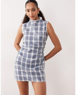 Ghospell Maya Sequin Tartan Print High Neck Sleeveless Mini Dress - Blue