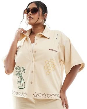 Renee Studio Plus Exclusive Linen Blend Button Front Embroidered Detail Shirt Co-Ord - Natural