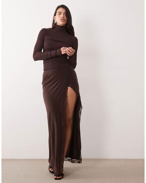 ASOS High Split Fitted Skirt With Lace Trim - Brown