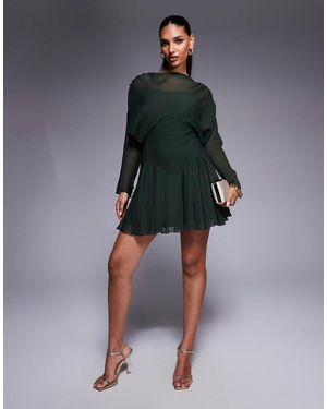ASOS Long Sleeve Blouson Mini Dress With Godets - Green