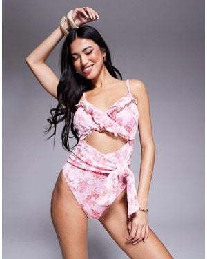 River Island Broderie Ditsy Wrap Swimsuit - Pink