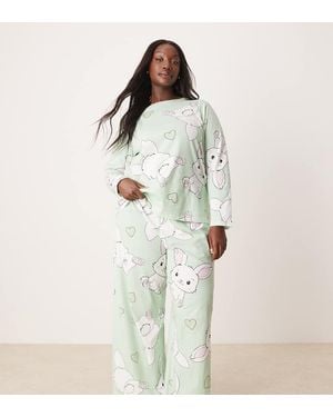 ASOS Asos Design Curve Bunny Long Sleeve Top & Trouser Pyjama Set - White