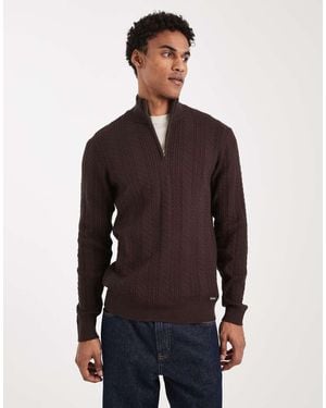 Threadbare Cable Knit Quarter Zip Jumper - Brown