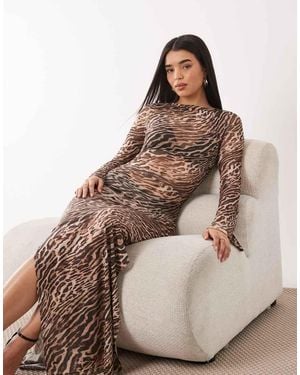 Ruched & Ready Mesh Flared Long Sleeve Maxi Dress - Brown