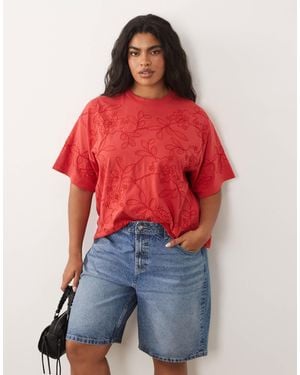 ASOS Asos Design Curve Boxy Tee With Embellished Beaded Flowers - Red