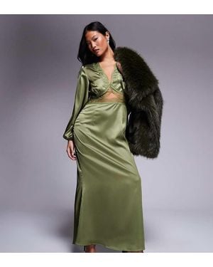 Never Fully Dressed Petite Mimi Long Sleeve Lace Cut-out Slip Maxi Dress - Green
