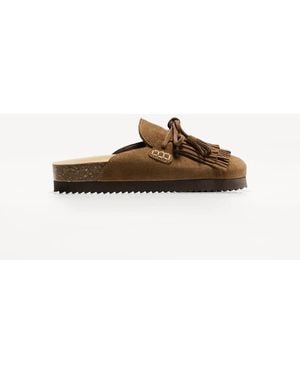 Bershka Flat Leather Clogs With Fringe Detailing - Brown
