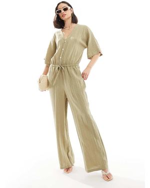 Pretty Lavish Tuta Jumpsuit Oliva Arricciata Con Maniche A Palloncino - Bianco