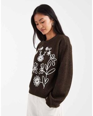 Threadbare Crew Neck Jumper With Flower Embroidery - Black