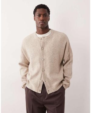 ASOS Oversized Knit Fisherman Rib Wool Blend Crew Neck Cardigan - Natural