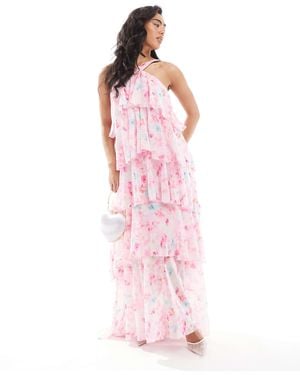 Vero Moda Felicia Halter Neck Tiered Maxi Dress With Corsage Detail - Pink