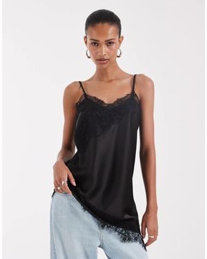 ONLY Asymetric Lace Trim Satin Top - White
