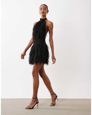 LACE & BEADS Tulle Halter Ruffle Detail Tiered Mini Dress - Black