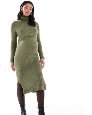 Mama.licious Mamalicious Maternity Soft Knitted Rib Midi Dress With Nursing Function - Green