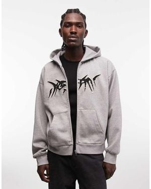 Weekday Sudadera Gris Con Capucha, Cremallera Y Gráfico Cuadrado De