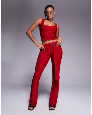 Kaiia Exclusive Double Laye Slinky Gold Hardware Belt Detail Trouser Co-ord - Red
