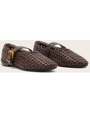 AllSaints Sabine Leather Woven Ballet Flats With Gold Buckle Strap - Natural