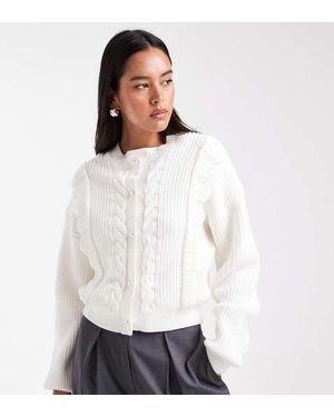 The Frolic Exclusive Cable Knit Pearl Button Through Scallop Trim Cardigan - White