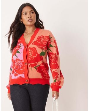 Never Fully Dressed Knitted Rose Contrast Cardigan - Red