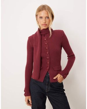 House Of Sunny Power Peggy Classic Rib Knit Button Up Cardigan With Scarf - Red