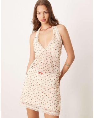 ASOS Mesh Plunge Halter Neck Top With Lace Trim - Natural