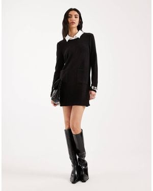 Vero Moda 2 In 1 Long Sleeve Knitted Mini Dress With Poplin Collar In - Black