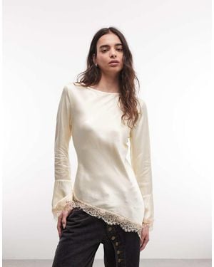 Reclaimed Vintage Asymmetric Satin Blouse With Flare Sleeve - Natural