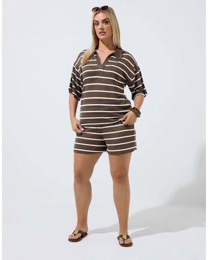 Yours Clothing Stripe Rugby Collar Top - Brown