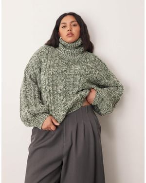 ARRANGE Curve High Neck Twist Yarn Cable Sweater - Grey