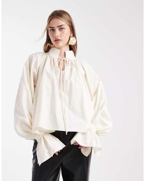 ASOS Cotton Gathered Volume Sleeve Blouse - Natural