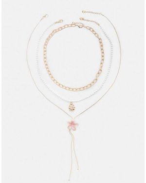 Stradivarius Set Of 3 Enamel Flower Necklaces - White