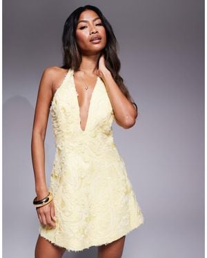 Murci Exclusive Textured Halterneck Plunge Detail Mini Dress - Yellow