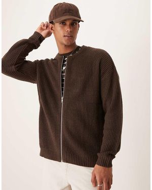 ASOS Knitted Relaxed Fisherman Rib Zip Up Bomber Cardigan - Brown