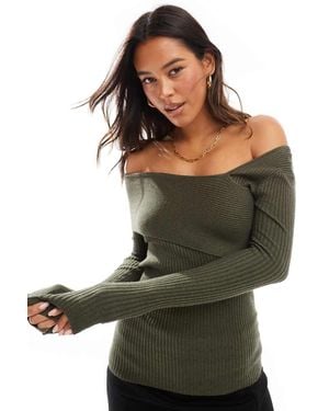 Style Cheat Asymmetric Rib Knit Bardot Top - Green
