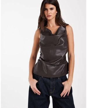River Island Leather Look Ruched Sleeveless Top - Black