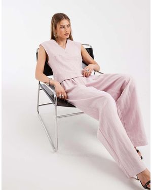 Object Pantalones De Sastre Rosa Pálido Sueltos Con Pinzas Delanteras De Tejido Efecto Lino (Parte De Un Conjunto)-Violeta