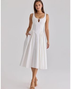 House Of Cb Alira Pleated Cotton Peekaboo Midi Dress - White