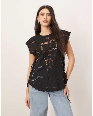 ARRANGE Cotton Cutwork Embroidered Top With Tie Side - Black