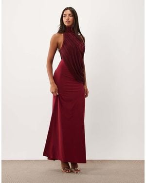 ASOS Plissé Maxi Jurk Met Contrast En Gedrapeerde Halternek - Rood