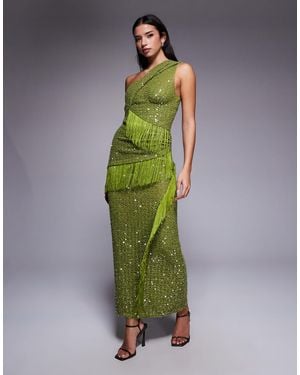 ASOS Sequin Knit Twist One Shoulder Midi Dress With Drape Fringe Panels - Green