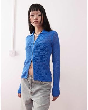 Weekday Lene Open Knit Zip Through Cardigan - Blue