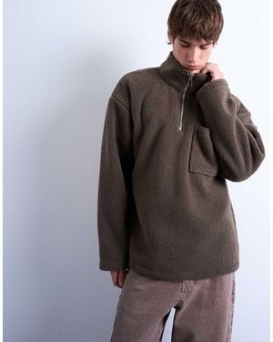 TOPMAN 1/4 Zip Borg Sweatshirt - Brown