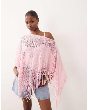 Kiwi & Co Fine Knit Fringe Hem Poncho Top - Pink