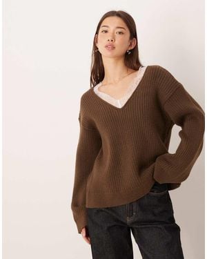 ASOS Deep V Neck Knitted Jumper With Lace Trims - Brown